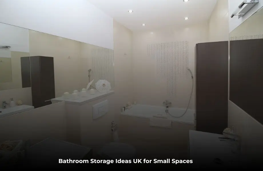 bathroom storage ideas UK for small spaces with modern shelves and cabinets