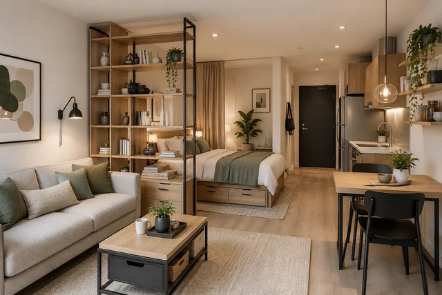 Small studio layout ideas with multifunctional furniture and smart storage solutions