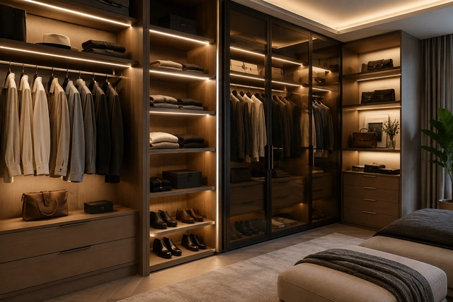 Wardrobe lighting ideas featuring LED wardrobe lighting and modern storage solutions