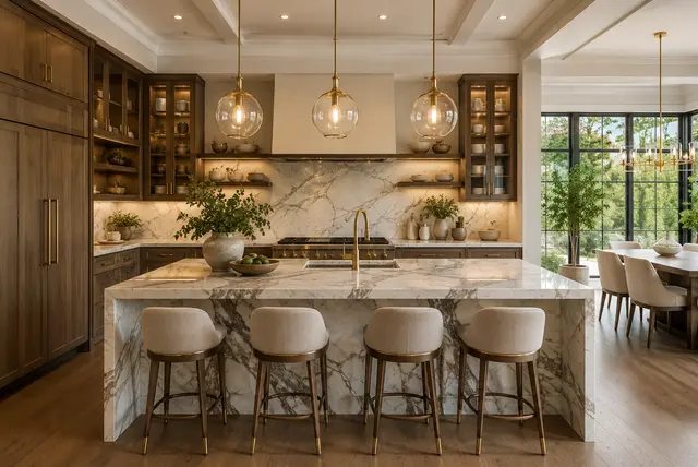 Luxury kitchen design ideas featuring a marble island, custom cabinets, and premium finishes