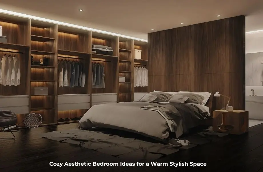 Cozy aesthetic bedroom ideas with warm lighting and soft textures