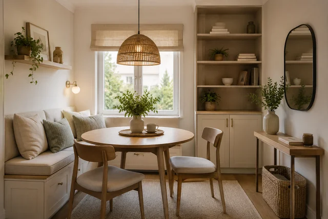 Tiny dining room ideas featuring a round dining table, banquette seating, and space-saving furniture in a modern small dining room.