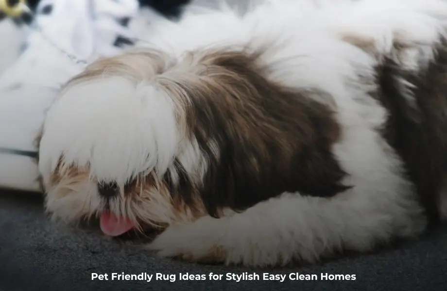 pet friendly rug ideas in modern living room with dog and stylish interior