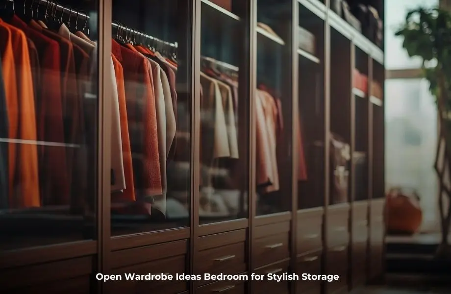 Modern open wardrobe ideas bedroom with stylish shelving and organised clothing storage