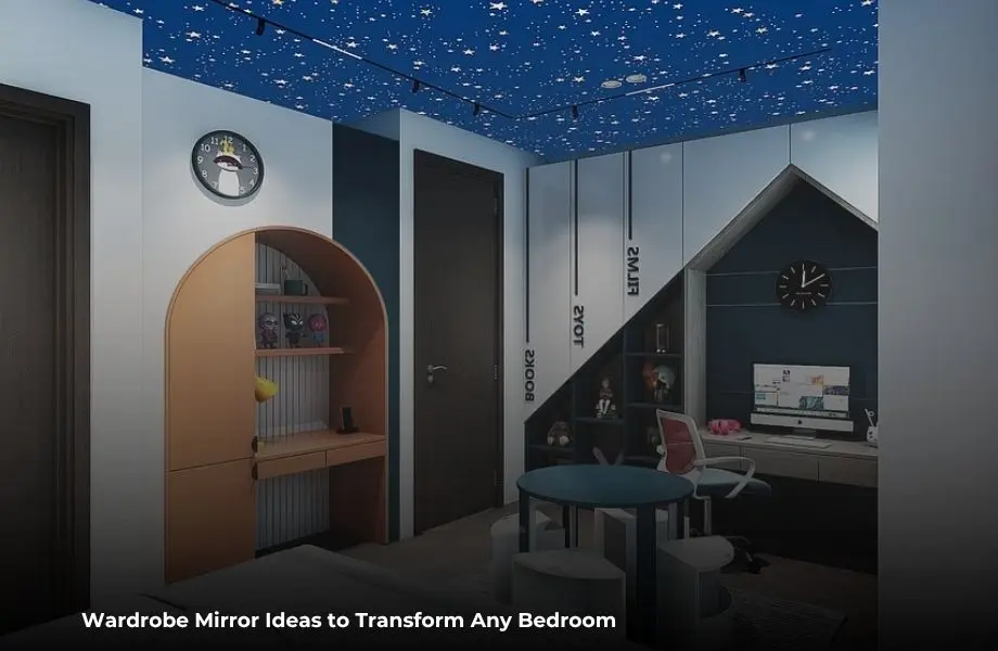 Wardrobe mirror ideas featuring a modern mirrored wardrobe in a stylish bedroom