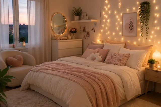 Soft aesthetic room ideas featuring cozy bedding, warm lighting, pastel decor, and dreamy bedroom inspiration