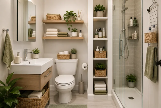 Tiny bathroom storage ideas featuring floating shelves, under sink storage, over toilet storage, and smart bathroom organization in a small modern bathroom.