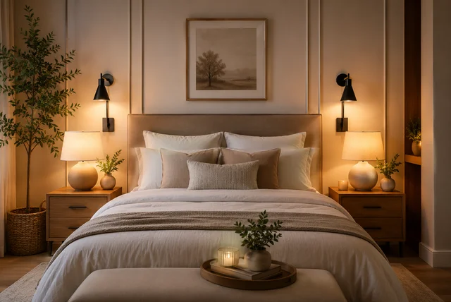 Stylish bedside lighting ideas featuring modern bedside table lamps, wall sconces, and warm ambient lighting in a cosy bedroom.