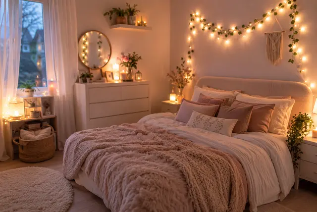 Dreamy bedroom ideas aesthetic featuring fairy lights, cozy bedding, pastel colours, and stylish decor