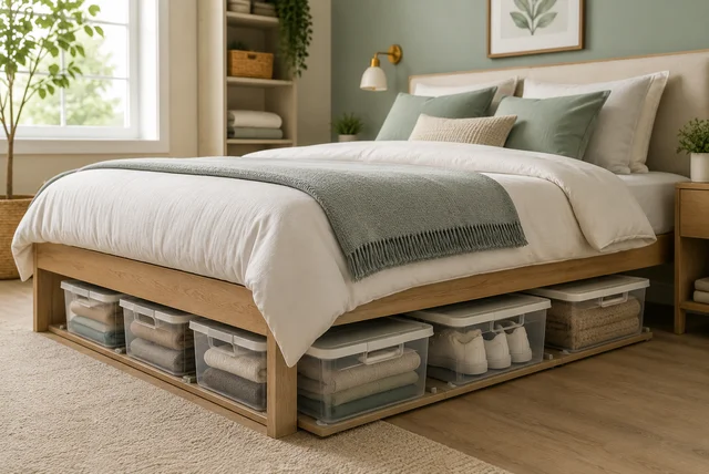 Under bed storage ideas using storage bins and organizers in a small bedroom