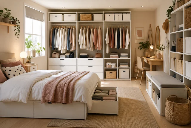 IKEA bedroom storage ideas with smart wardrobe, shelves, and under-bed storage solutions