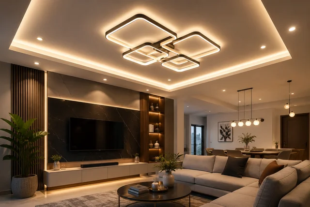 Modern ceiling light ideas featuring stylish LED ceiling lights in a contemporary living room
