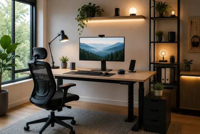 Modern smart home office setup ideas with ergonomic desk, smart lighting, and automated workspace
