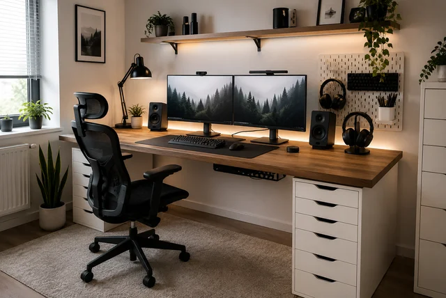 Stylish IKEA desk setup ideas featuring a modern home office and gaming workspace.