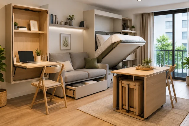 Foldable furniture ideas small spaces featuring a wall-mounted desk, sofa bed, and space-saving furniture in a modern apartment