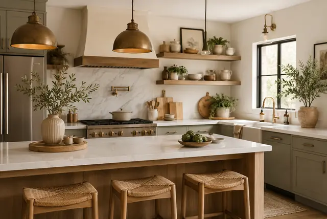 Aesthetic kitchen decor ideas featuring modern lighting, open shelving, and warm neutral colours in a stylish 2026 kitchen