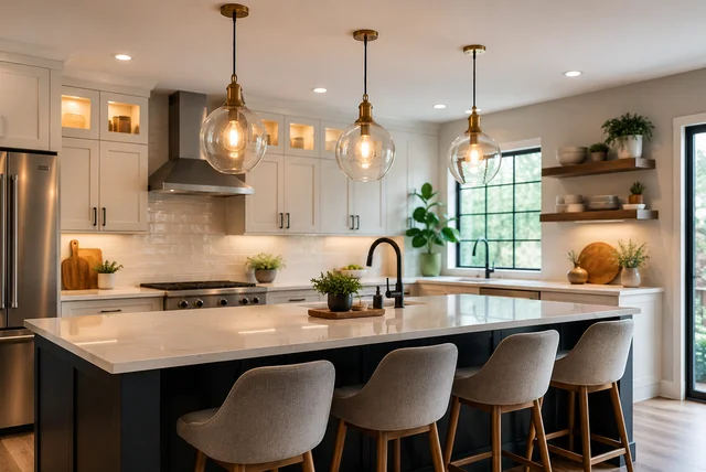 Pendant lighting ideas kitchen with modern glass pendant lights above a stylish kitchen island.