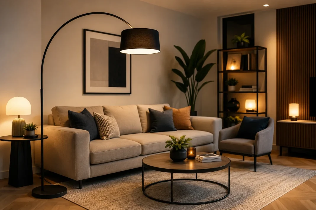 Modern lamp ideas living room with stylish floor lamp and cosy LED lighting