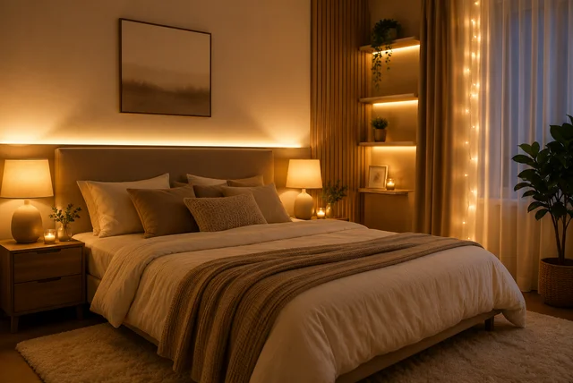 Warm lighting ideas bedroom with cozy bedside lamps, warm LED lights, and layered ambient lighting
