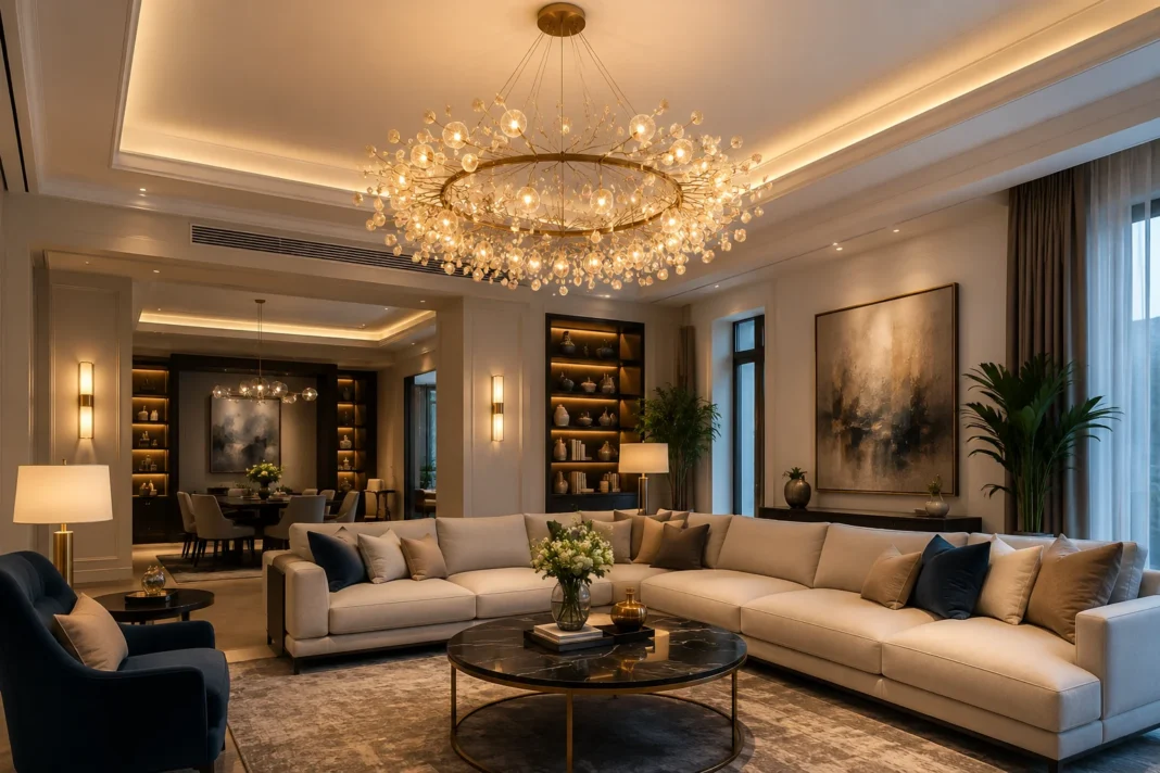 Statement lighting ideas home featuring a modern chandelier in a stylish living room