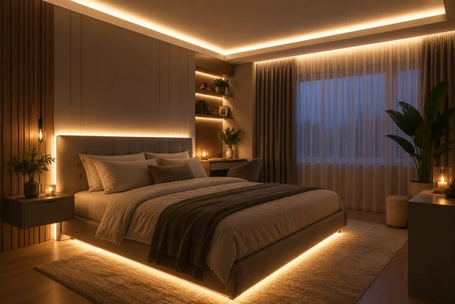 LED lighting bedroom ideas featuring warm LED strip lights, headboard lighting, and modern bedroom decor.