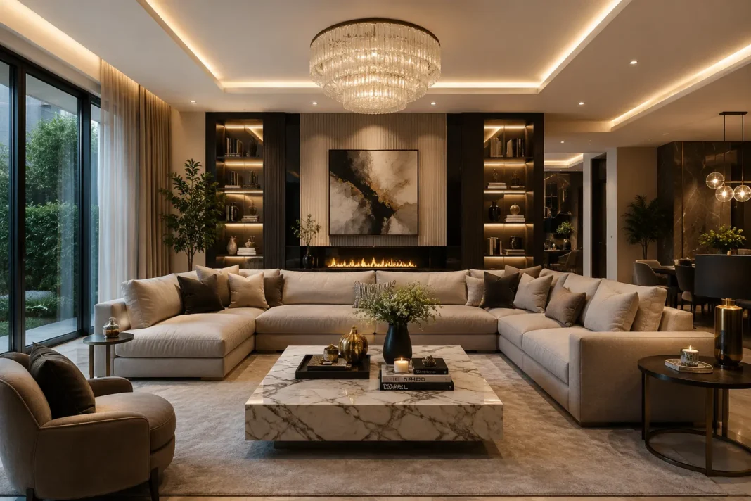 high end living room decor in a modern luxury living room with elegant furniture and soft lighting