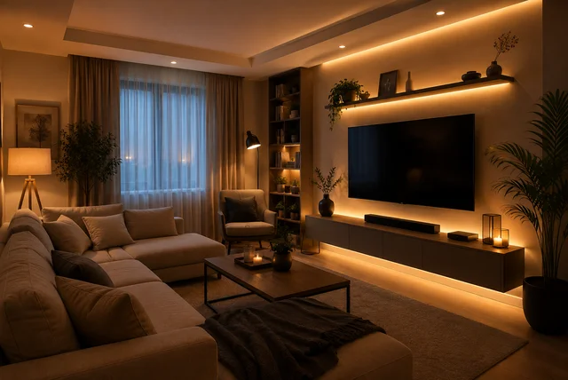 Ambient lighting living room with warm LED lights, floor lamp, and modern interior design