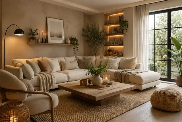 Aesthetic living room with cozy furniture, warm neutral decor, and modern design inspiration