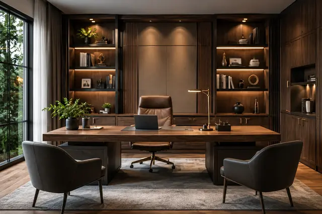 Modern luxury home office with walnut desk, built-in storage, and elegant lighting