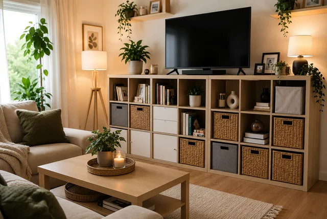 IKEA KALLAX ideas living room with stylish storage, TV stand, baskets, and modern shelving