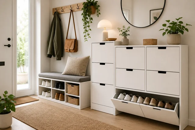 IKEA shoe storage ideas featuring TRONES, BISSA, and STÄLL cabinets in a small hallway