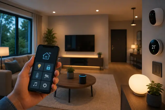 Smart home ideas UK featuring smart lighting, security devices, and home automation technology