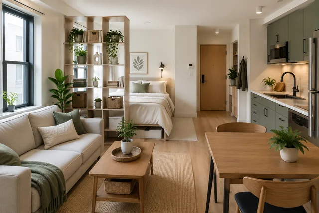 Small studio layout ideas with space-saving furniture and smart storage solutions