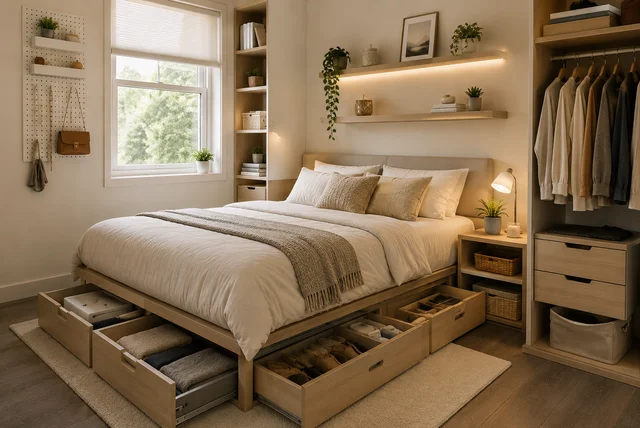 Tiny bedroom storage ideas with smart space-saving furniture and under bed storage solutions