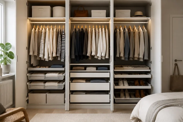 IKEA wardrobe organisation ideas using PAX wardrobe, KOMPLEMENT accessories and SKUBB organisers