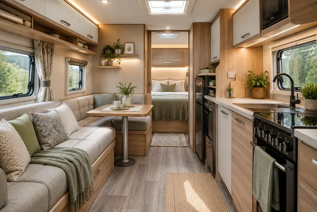 Caravan interior ideas UK featuring a modern space-saving caravan interior design