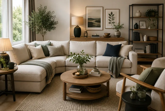 John Lewis living room ideas featuring a modern cosy UK living room with stylish sofa and neutral décor