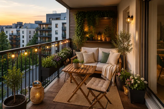 Apartment balcony ideas UK featuring stylish furniture, plants, and lighting for a small modern balcony.