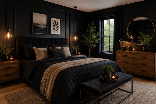 Black bedroom ideas UK featuring a modern dark bedroom with black walls, wooden furniture, warm lighting, and cosy décor