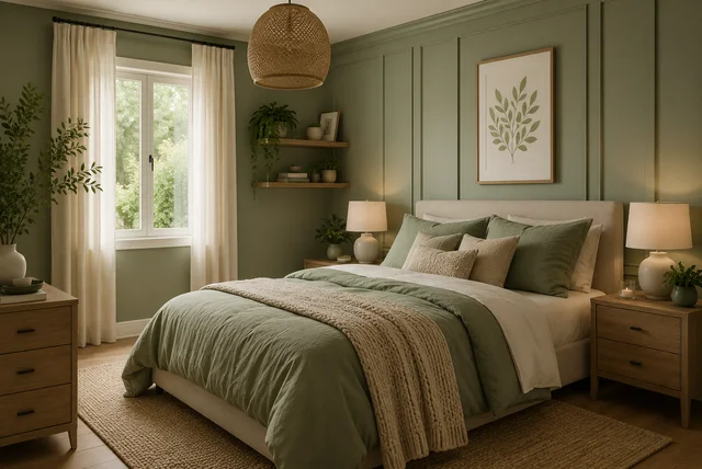 Stylish sage green bedroom ideas with cozy decor, natural wood furniture, and calming green walls