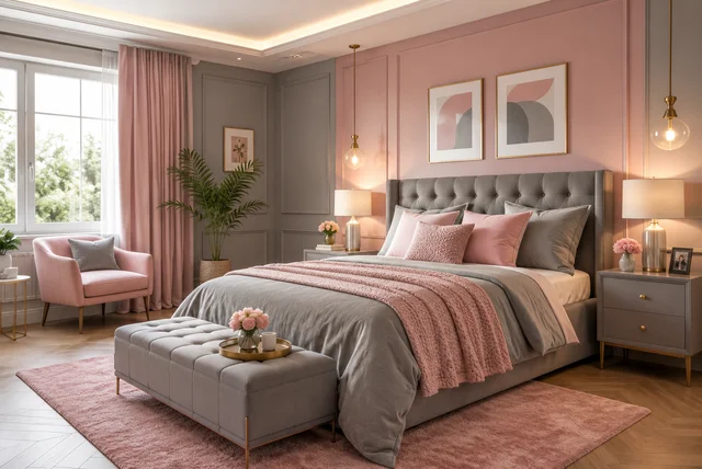 Modern pink and grey bedroom ideas with blush pink decor and stylish grey furniture