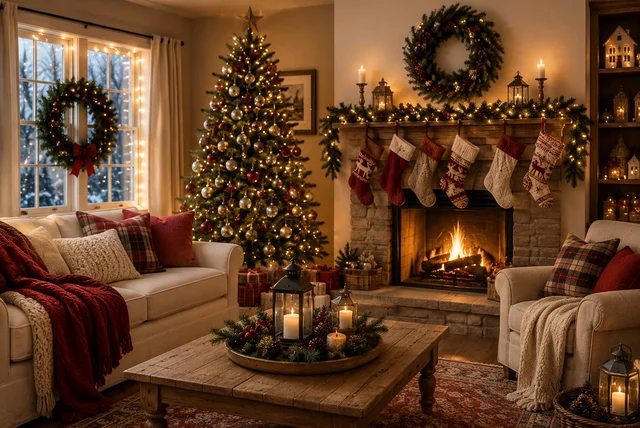 Christmas living room decor ideas with a cozy tree, fireplace, and festive decorations