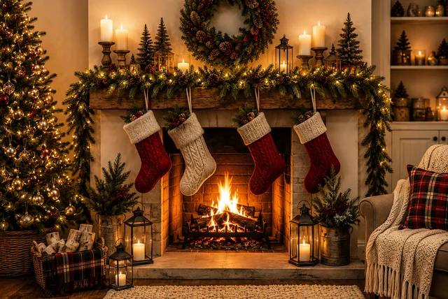Christmas fireplace decor ideas featuring a cozy mantel with garland, stockings, candles, and warm fairy lights