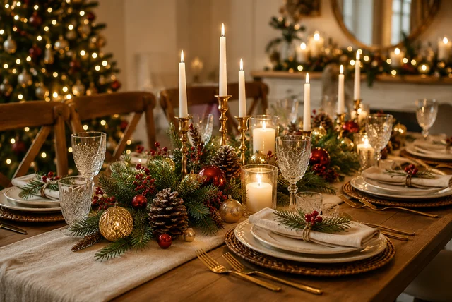 Beautiful Christmas table decor ideas with elegant holiday tablescape, candles, and festive centerpiece