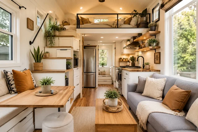 Modern tiny house interior ideas with space-saving furniture and smart storage
