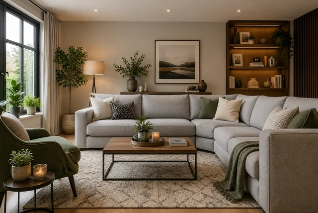 DFS sofa living room ideas with a modern grey corner sofa in a stylish UK home