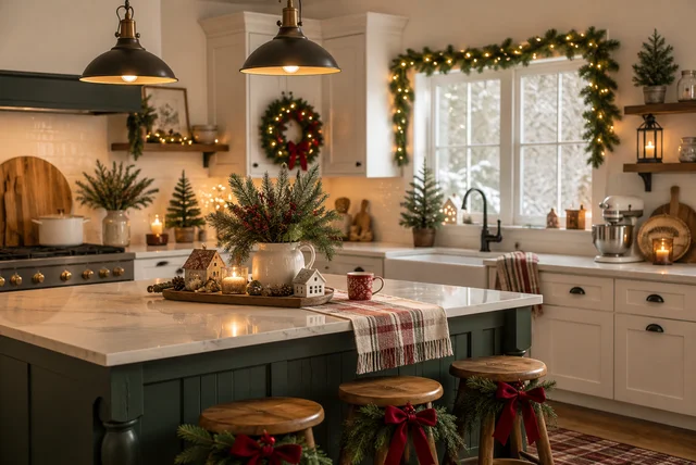 Festive kitchen decor ideas with Christmas garlands, fairy lights, and seasonal holiday decorations