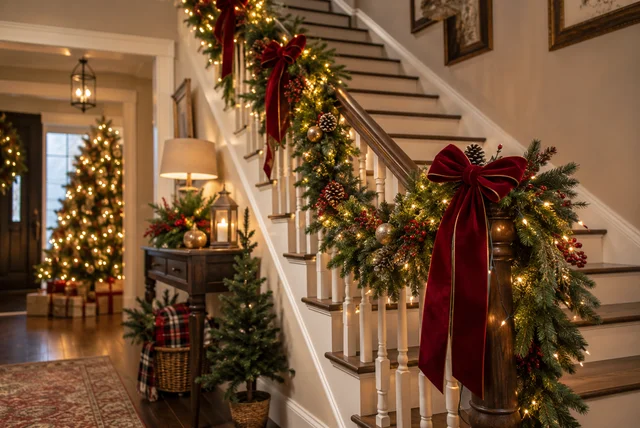 Beautiful christmas staircase decor ideas with evergreen garland, fairy lights, and festive ribbon on a stylish home staircase