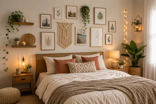DIY wall decor ideas bedroom featuring a stylish gallery wall with handmade wall decorations