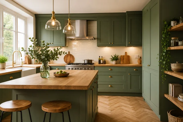 Green kitchen ideas UK featuring sage green cabinets with natural wood worktops